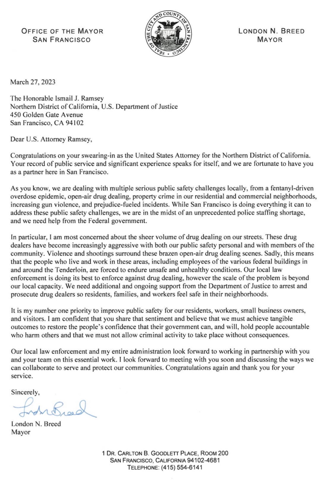 London Breed's Letter