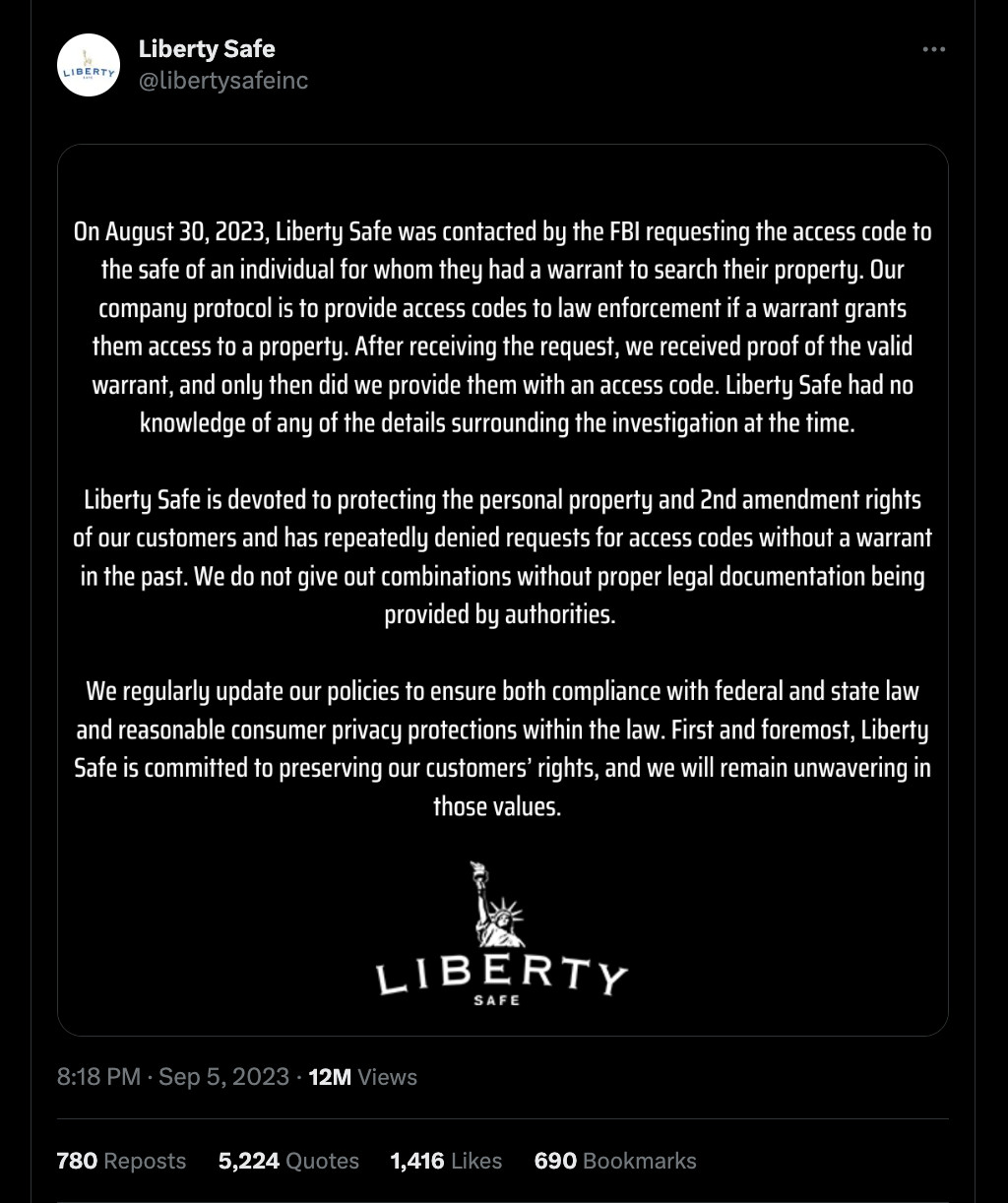 Initial Liberty Safe Response
