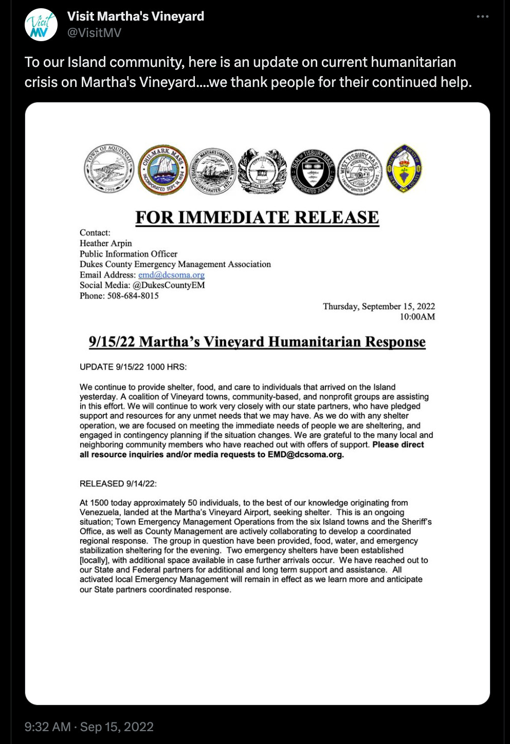 Martha's Vineyard Humanitarian Response Letter