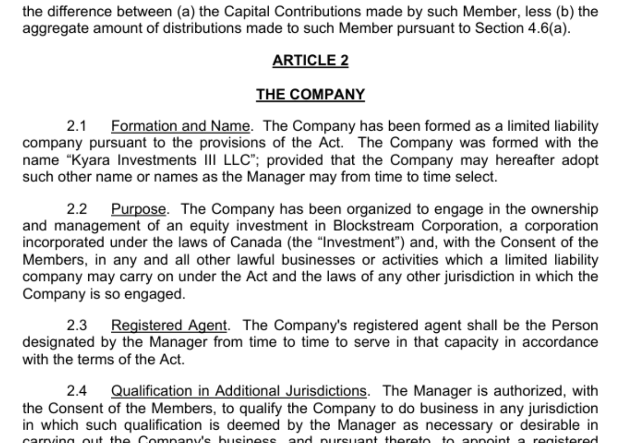 Kyara Investments III operating agreement purpose clause stating the LLC was formed to own an equity investment in Blockstream