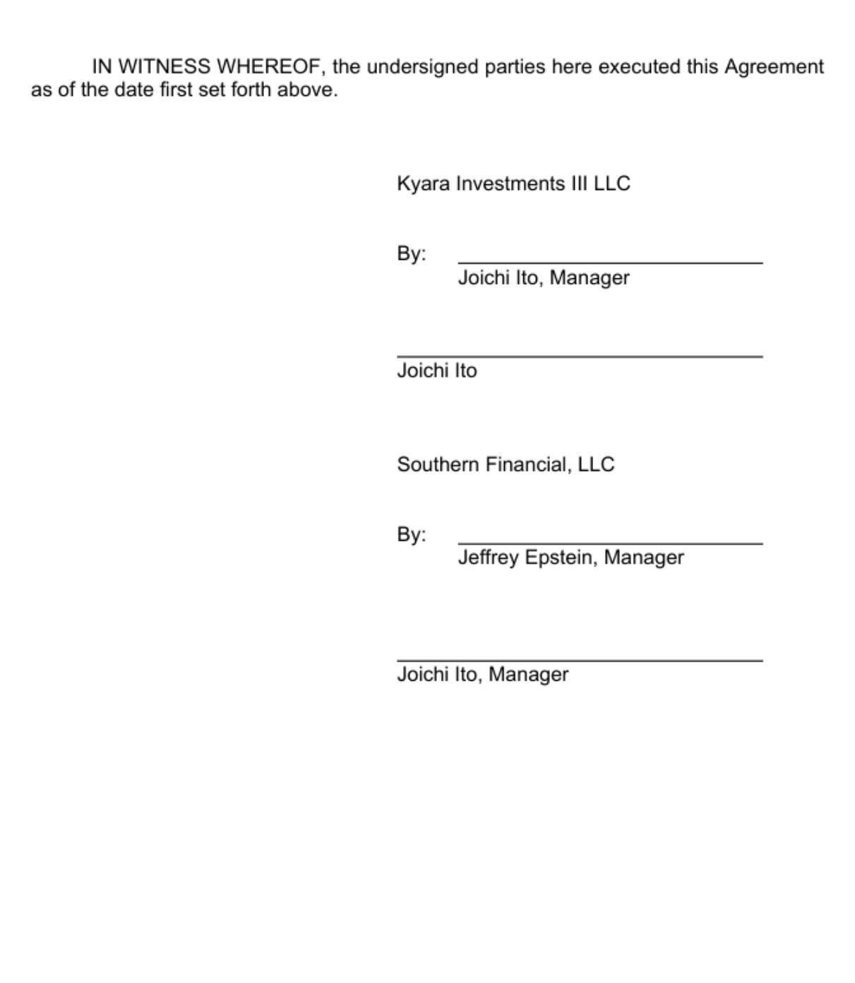 Kyara Investments III signature block naming Joi Ito as manager and Jeffrey Epstein as manager of Southern Financial LLC