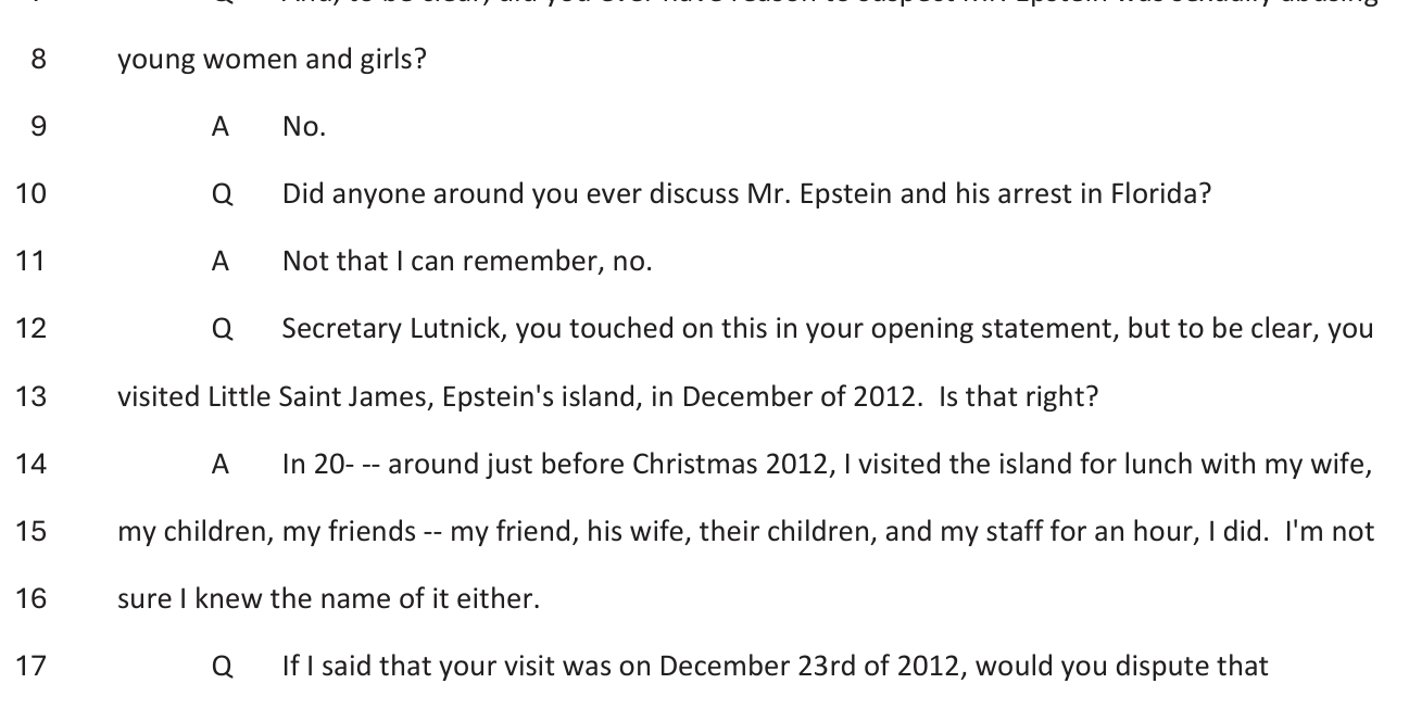 House Oversight transcript in which Lutnick confirms a December 2012 lunch visit to Epstein island Little Saint James