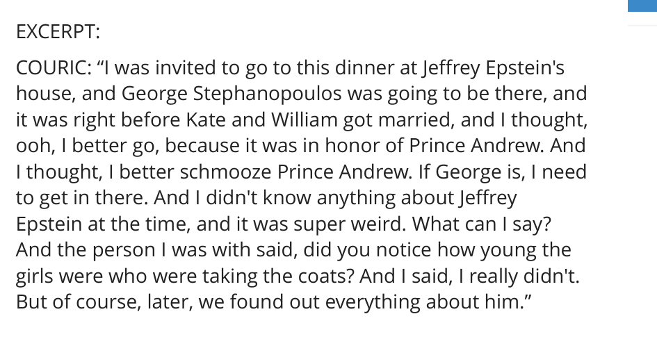 Grabien transcript excerpt of Katie Couric on WWHL describing attending dinner at Jeffrey Epstein house