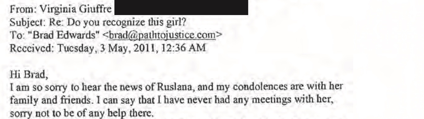 May 3 2011 email from Virginia Giuffre to Brad Edwards saying she never met Ruslana
