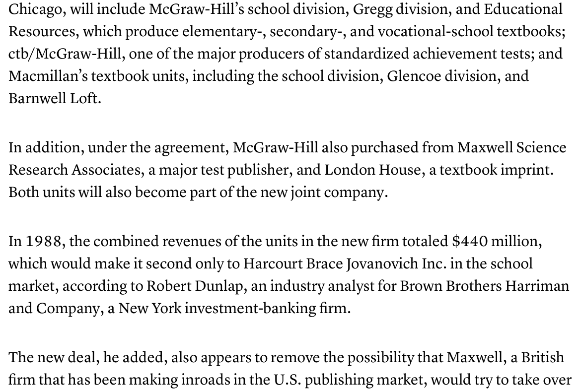 Education Week May 1989 excerpt listing Macmillan units including Glencoe and saying combined 1988 revenue would rank the venture second to Harcourt Brace Jovanovich