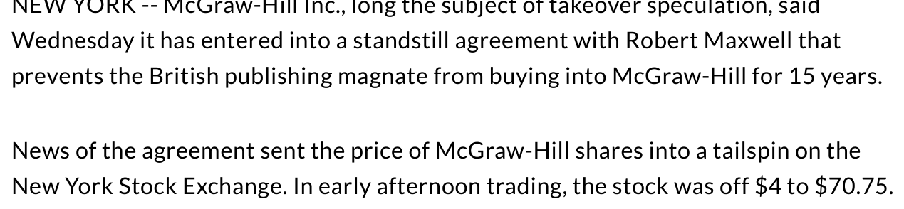 UPI May 17 1989 excerpt saying McGraw-Hill signed a standstill that prevented Robert Maxwell from buying into McGraw-Hill for 15 years