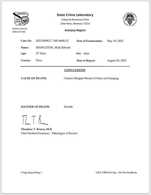 Arkansas State Crime Laboratory autopsy conclusions page for Mark Edward Middleton listing cause as contact shotgun wound of chest and hanging and manner as suicide