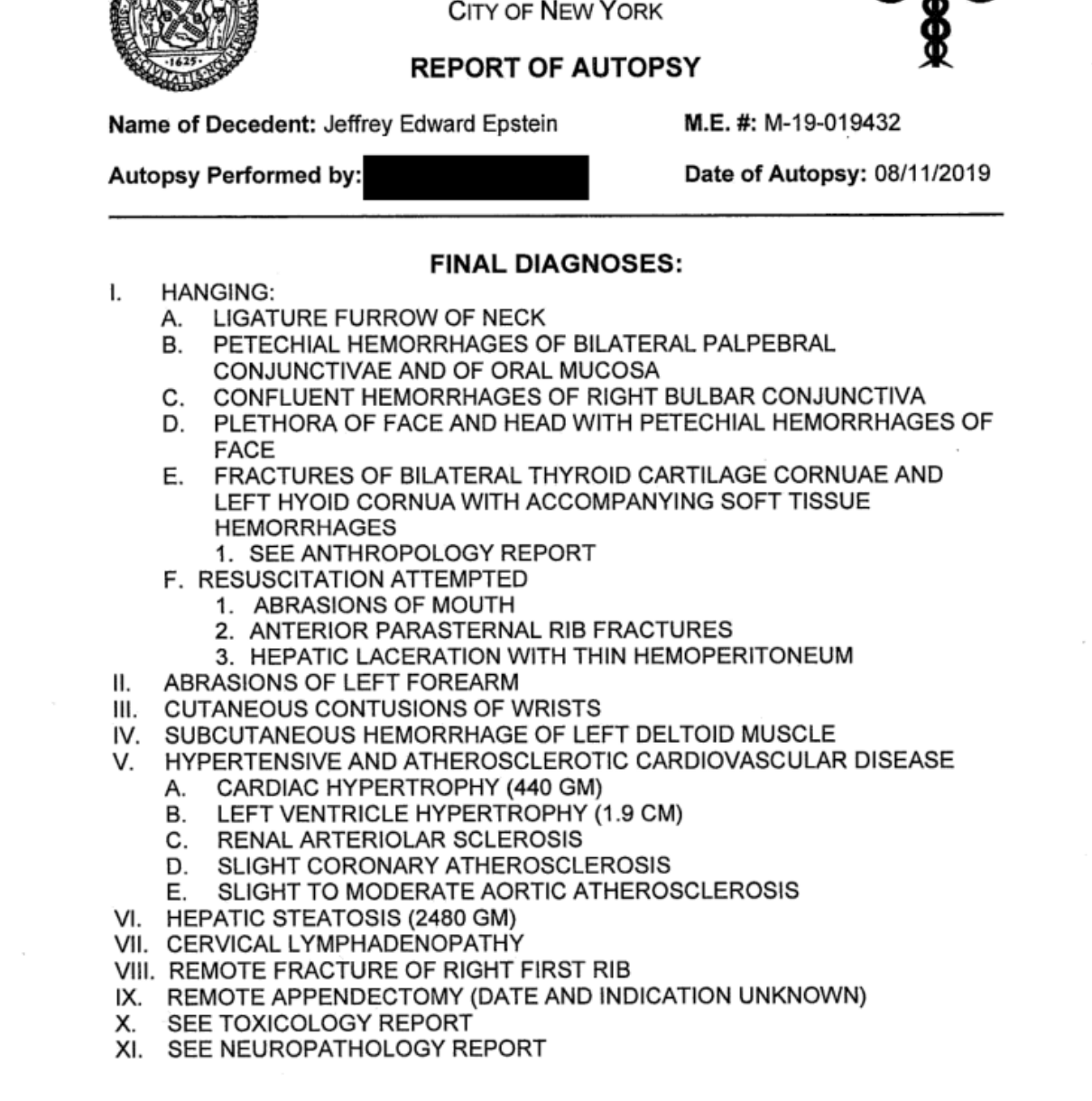 OCME autopsy final diagnoses listing remote appendectomy but no prostatectomy