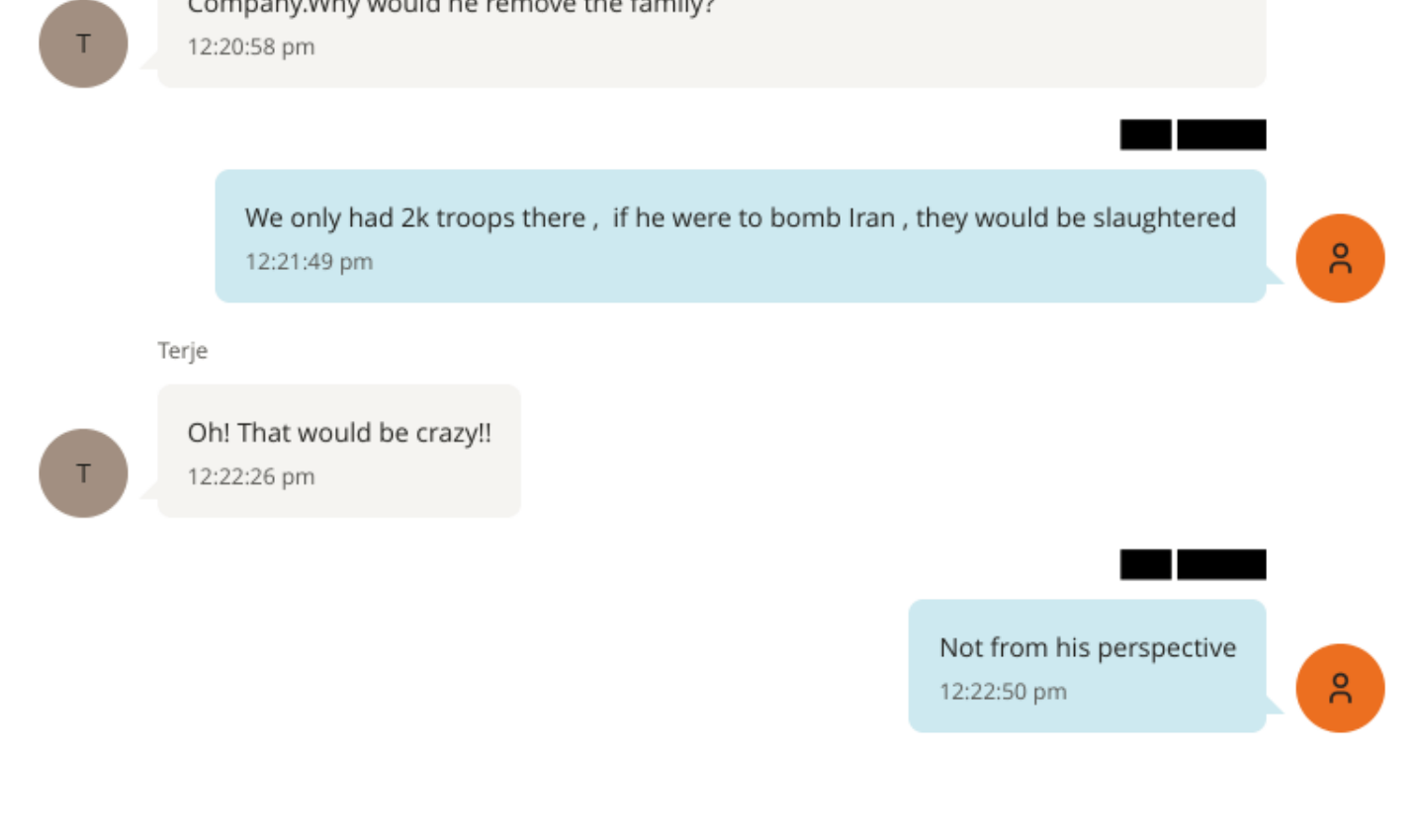 DOJ iMessage screenshot of Epstein writing if he were to bomb Iran they would be slaughtered and Terje calling that crazy