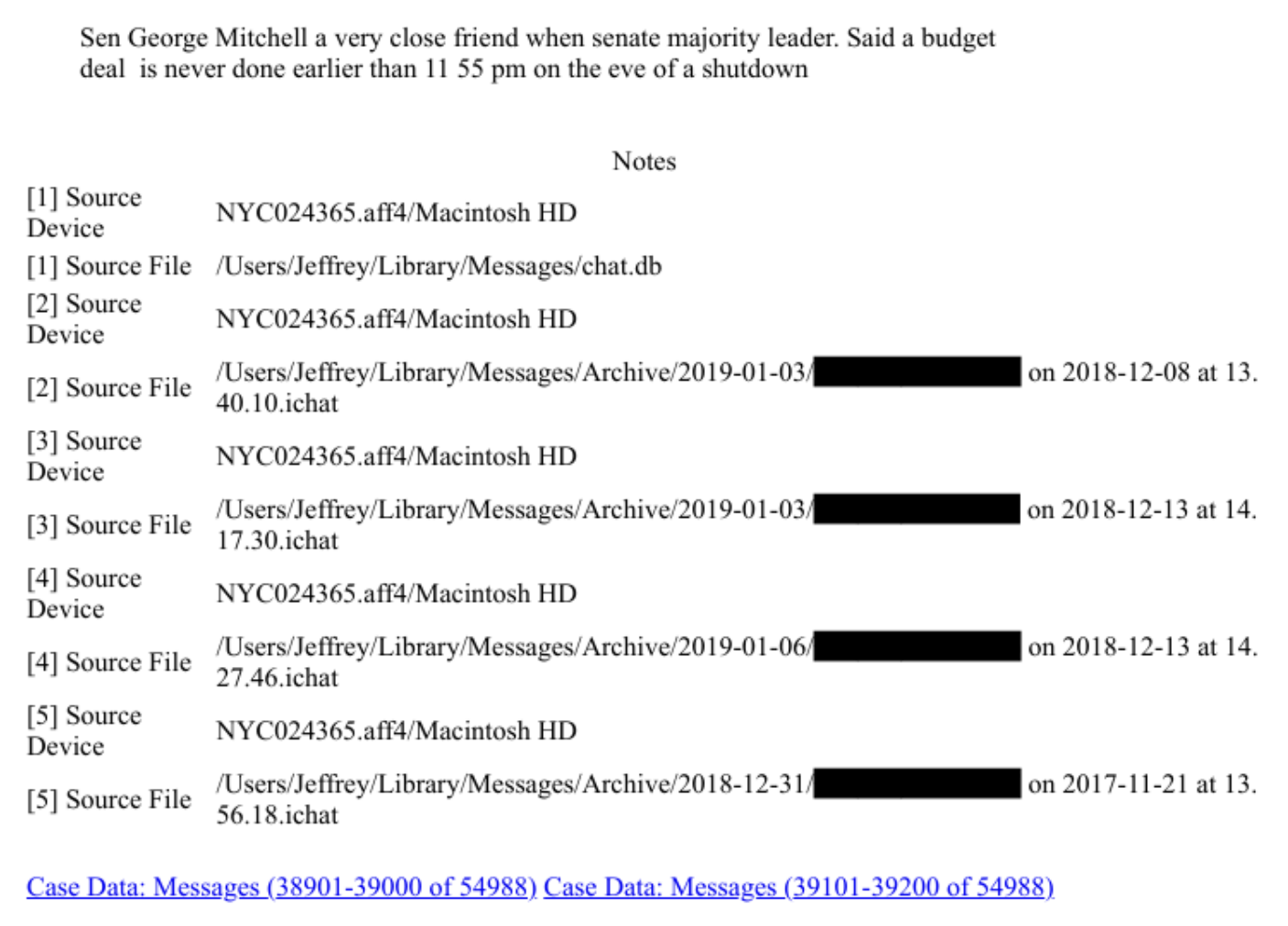 DOJ export notes showing source file Users/Jeffrey/Library/Messages/chat.db on device NYC024365